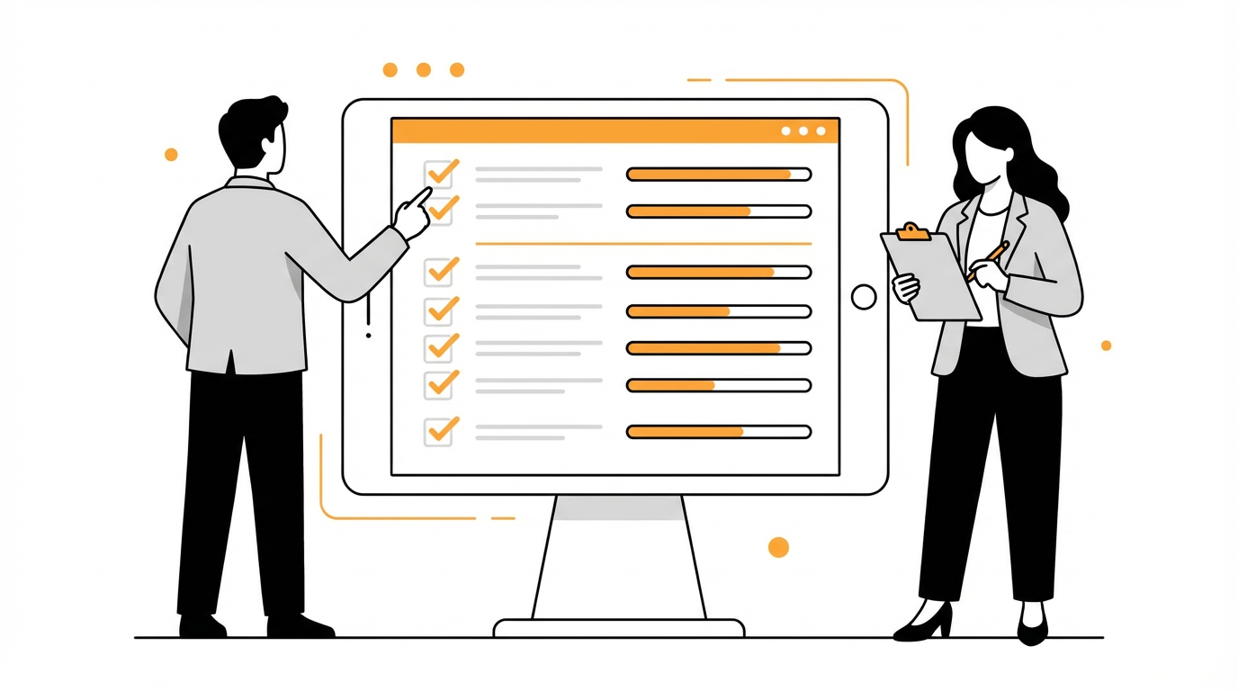 Zwei Geschäftsleute analysieren eine CRM-Scorecard mit Checkboxen und Fortschrittsbalken auf einem großen Monitor